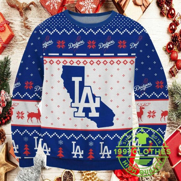 Los Angeles Dodgers Big Logo Ugly Christmas Sweater, Los Angeles Dodgers Ugly Christmas Sweater, MLB Christmas Sweater