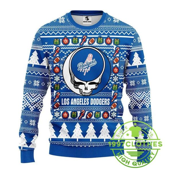 Los Angeles Dodgers Grateful Dead Ugly Christmas Sweater, Los Angeles Dodgers Ugly Christmas Sweater, MLB Christmas Sweater