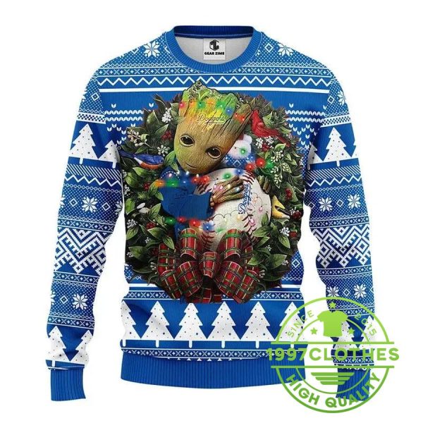 Los Angeles Dodgers Groot Hug Ugly Christmas Sweater, Los Angeles Dodgers Ugly Christmas Sweater, MLB Christmas Sweater