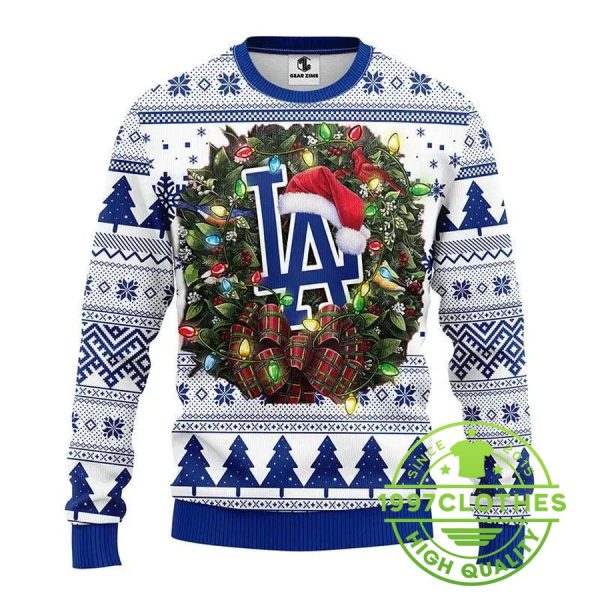 Los Angeles Dodgers Santa Hat Ugly Christmas Sweater, Los Angeles Dodgers Ugly Christmas Sweater, MLB Christmas Sweater