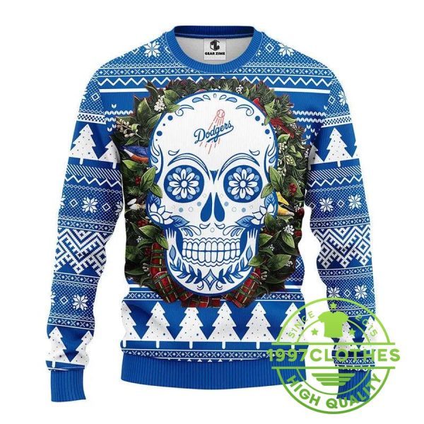 Los Angeles Dodgers Skull Flower Ugly Christmas Sweater, Los Angeles Dodgers Ugly Christmas Sweater, MLB Christmas Sweater