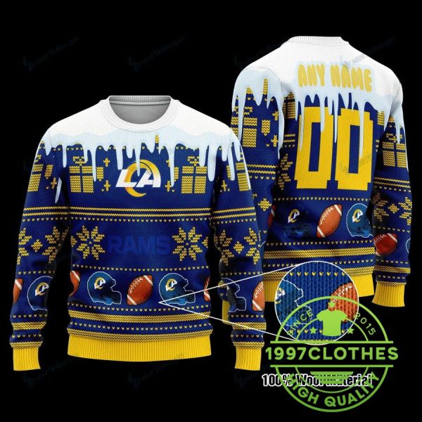 Los Angeles Rams Custom Name Number Christmas Ugly Sweater, Los Angeles Rams Ugly Sweater, NFL Ugly Sweater