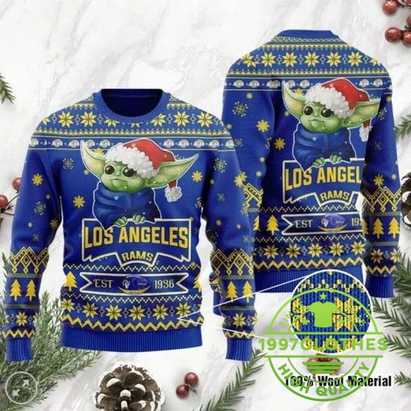 Los Angeles Rams Cute Baby Yoda Grogu Ugly Christmas Sweater, Los Angeles Rams Ugly Sweater, NFL Ugly Sweater