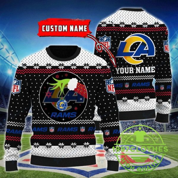 Los Angeles Rams Grinch Custom Name Ugly  Christmas Sweater, Los Angeles Rams Ugly Sweater, NFL Ugly Sweater