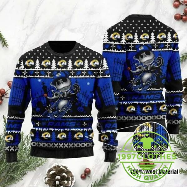 Los Angeles Rams Jack Skellington Ugly Christmas Sweater, Los Angeles Rams Ugly Sweater, NFL Ugly Sweater