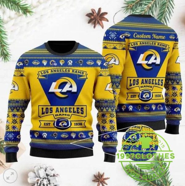 Los Angeles Rams Team Logo Custom Name Ugly Christmas Sweater, Los Angeles Rams Ugly Sweater, NFL Ugly Sweater