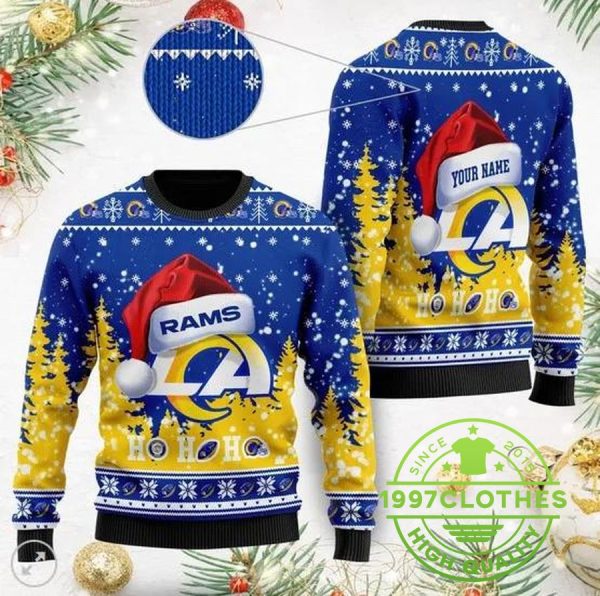 Los Angeles Rams Wearing Santa Claus Hat Ho Ho Ho Ugly Christmas Sweater, Los Angeles Rams Ugly Sweater, NFL Ugly Sweater