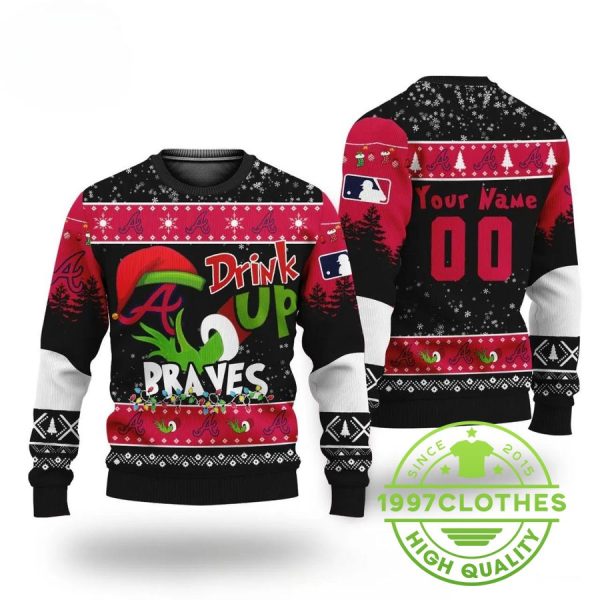 MLB Grinch Drink Up Atlanta Braves Custom Ugly Christmas Sweater, Atlanta Braves Ugly Sweater, MLB Christmas Sweater