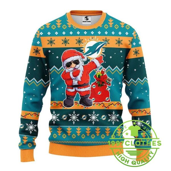 Miami Dolphins Dabbing Santa Claus Ugly Christmas Sweater, Miami Dolphins Ugly Sweater, NFL Ugly Sweater