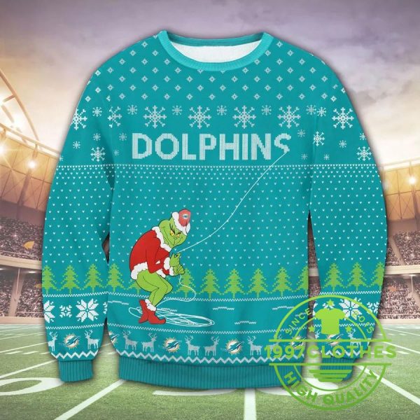 Miami Dolphins Grinch Ugly Christmas Sweater, Miami Dolphins Ugly Sweater, NFL Ugly Sweater