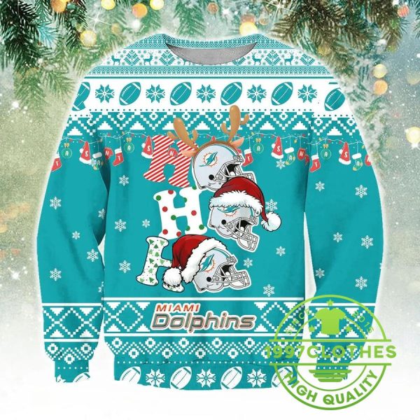 Miami Dolphins Ho Ho Ho Ugly Christmas Sweater, Miami Dolphins Ugly Sweater, NFL Ugly Sweater