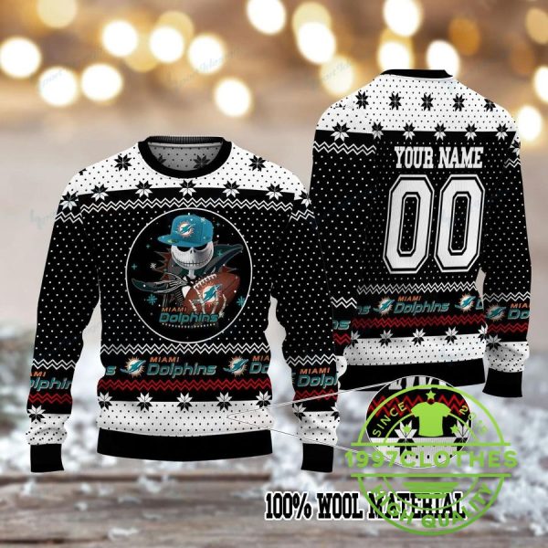 Miami Dolphins Jack Skellington Custom Ugly Christmas Sweater, Miami Dolphins Ugly Sweater, NFL Ugly Sweater