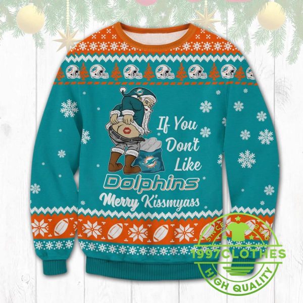 Miami Dolphins Santa Kissmyass Ugly Christmas Sweater, Miami Dolphins Ugly Sweater, NFL Ugly Sweater