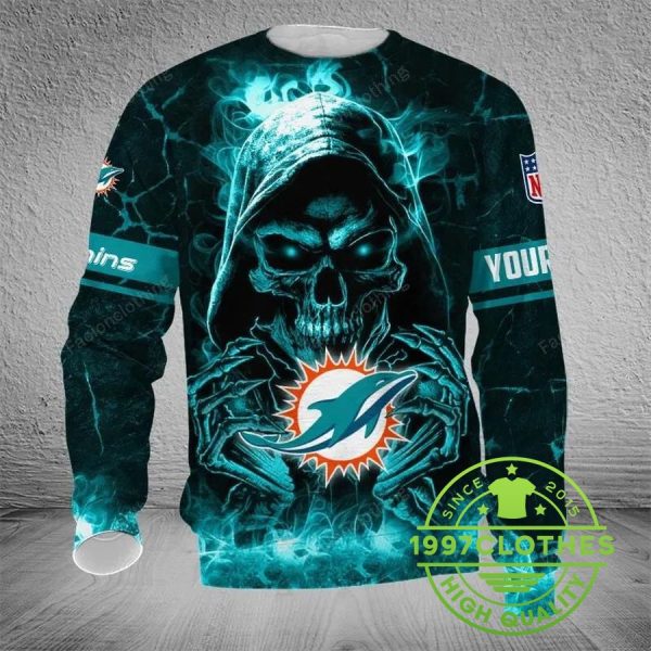 Miami Dolphins Skull Personalized Ugly Christmas Sweater, Miami Dolphins Ugly Sweater, NFL Ugly Sweater