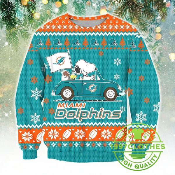 Miami Dolphins Snoopy Ugly Christmas Sweater, Miami Dolphins Ugly Sweater, NFL Ugly Sweater