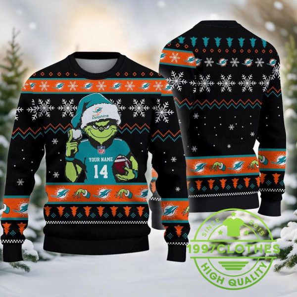 Miami Dolphins The Grinch Custom Ugly Chrismas Sweater, Miami Dolphins Ugly Sweater, NFL Ugly Sweater