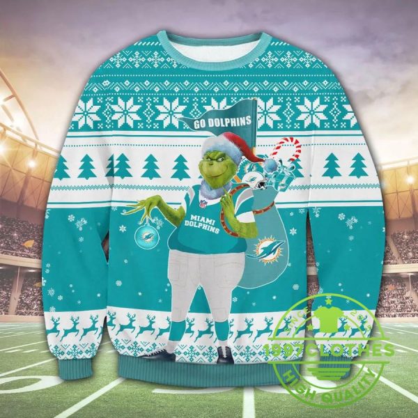 Miami Dolphins The Grinch Ugly Christmas Sweater, Miami Dolphins Ugly Sweater, NFL Ugly Sweater