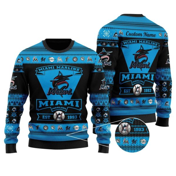 Miami Marlins Custom Ugly Christmas Sweater, Miami Marlins Ugly Sweater, MLB Christmas Sweater