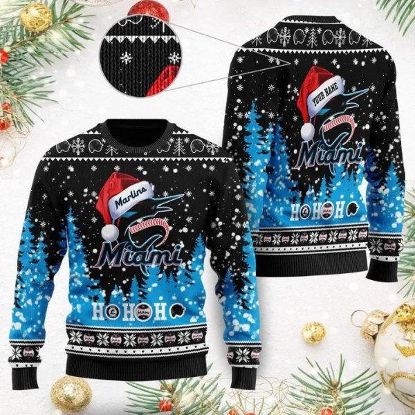 Miami Marlins Santa Claus Hat Ho Ho Ho Custom Ugly Christmas Sweater, Miami Marlins Ugly Sweater, MLB Christmas Sweater