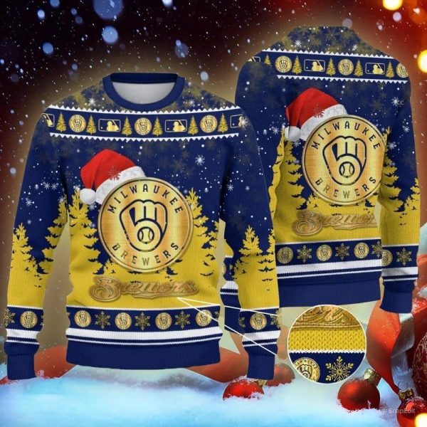 Milwaukee Brewers Golden Logo Santa Hat Ugly Christmas Sweater, Milwaukee Brewers Ugly Sweater, MLB Christmas Sweater