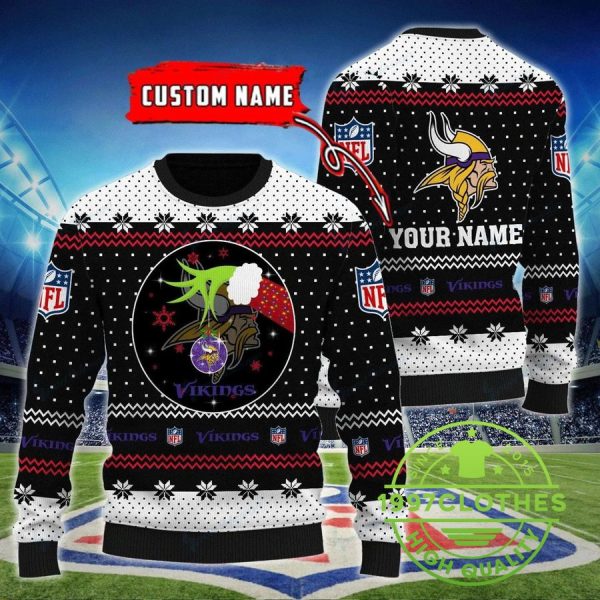 Minnesota Vikings Grinch Custom Name Ugly Christmas Sweater, Minnesota Vikings Ugly Sweater, NFL Ugly Sweater