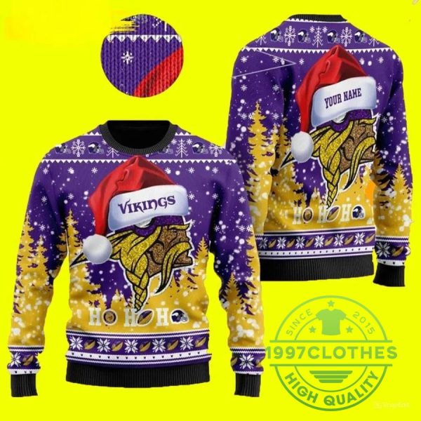 Minnesota Vikings Wearing Santa Claus Hat Ho Ho Ho Custom Name Ugly Christmas Sweater, Minnesota Vikings Ugly Sweater, NFL Ugly Sweater