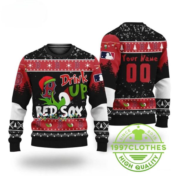 Mlb Grinch Drink Up Boston Red Sox Custom Ugly Christmas Sweater, Boston Red Sox Ugly Sweater, MLB Christmas Sweater