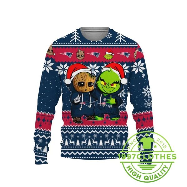 New England Patriots Baby Groot And Grinch Best Friends Ugly Christmas Sweater, New England Patriots Ugly Sweater, NFL Ugly Sweater