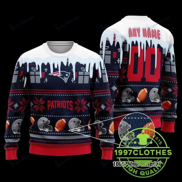 New England Patriots Custom Name Number Ugly Christmas Sweater, New England Patriots Ugly Sweater, NFL Ugly Sweater