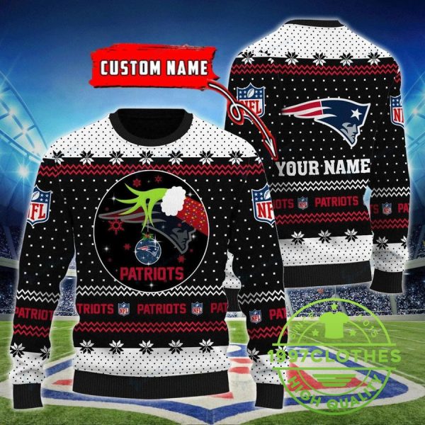 New England Patriots Grinch Custom Name Ugly Christmas Sweater, New England Patriots Ugly Sweater, NFL Ugly Sweater