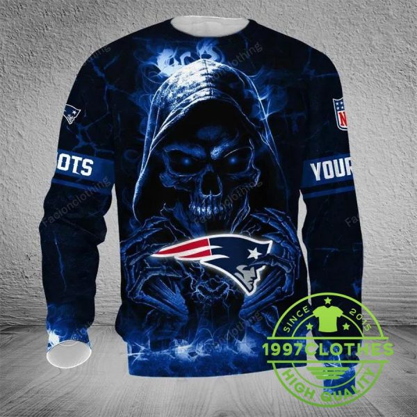 New England Patriots Skull Personalized Ugly Christmas Sweater, New England Patriots Ugly Sweater, NFL Ugly Sweater