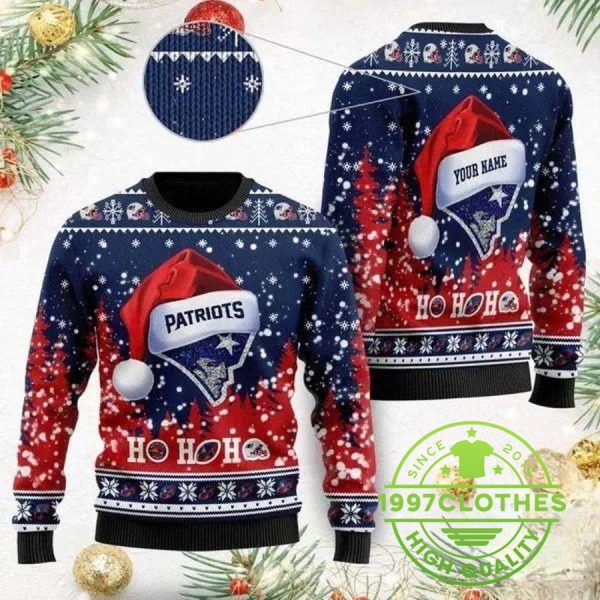 New England Patriots Wearing Santa Claus Hat Ho Ho Ho Personalized Ugly Christmas Sweater, New England Patriots Ugly Sweater, NFL Ugly Sweater