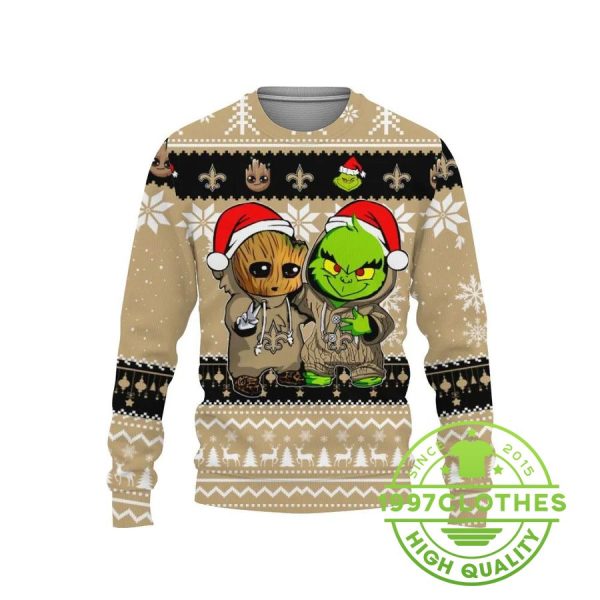 New Orleans Saints Baby Groot And Grinch Best Friends  Ugly Christmas Sweater, New Orleans Saints Ugly Sweater, NFL Ugly Sweater