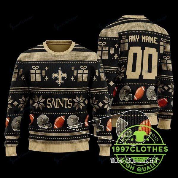 New Orleans Saints Custom Name Number Ugly Christmas Sweater, New Orleans Saints Ugly Sweater, NFL Ugly Sweater