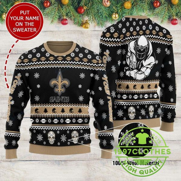 New Orleans Saints Custom Name Ugly Christmas Sweater, New Orleans Saints Ugly Sweater, NFL Ugly Sweater