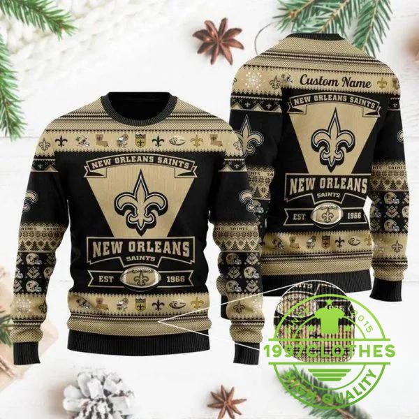 New Orleans Saints Team Logo Custom Name Personalized Ugly Christmas Sweater, New Orleans Saints Ugly Sweater, NFL Ugly Sweater