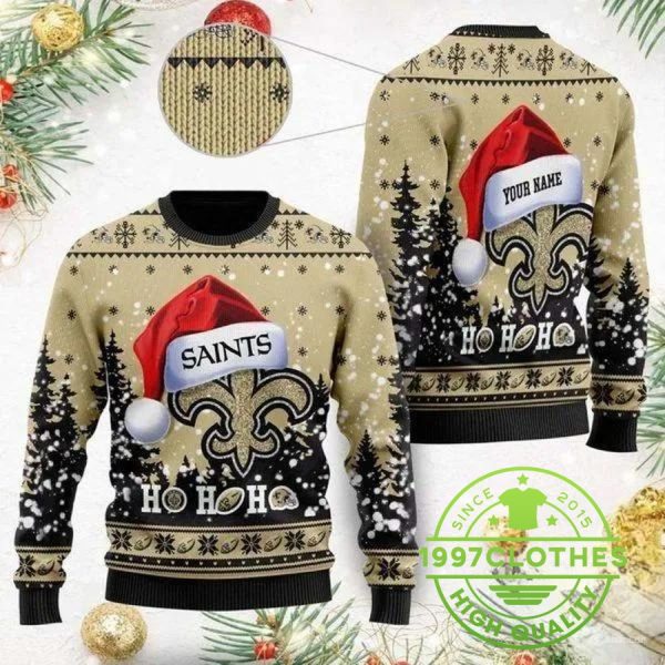 New Orleans Saints Wearing Santa Claus Hat Ho Ho Ho Personalized Ugly Christmas Sweater, New Orleans Saints Ugly Sweater, NFL Ugly Sweater