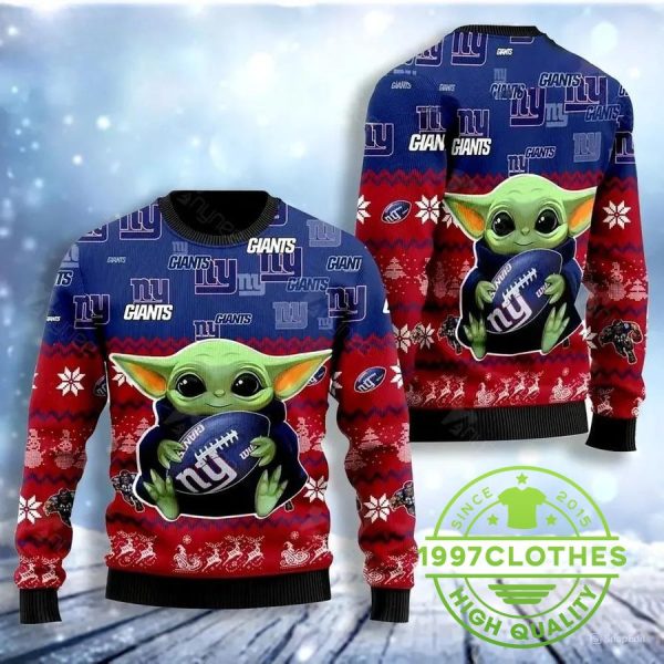 New York Giants Baby Yoda Ugly Christmas Sweater, New York Giants Ugly Sweater, NFL Ugly Sweater