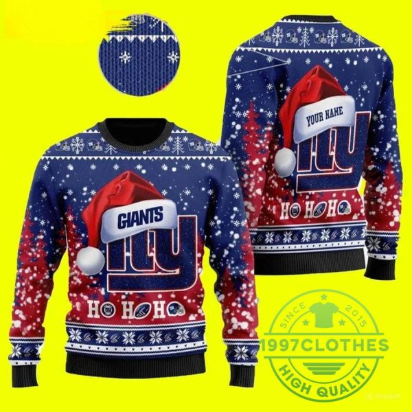 New York Giants Wearing Santa Hat Custom Ugly Christmas Sweater, New York Giants Ugly Sweater, NFL Ugly Sweater