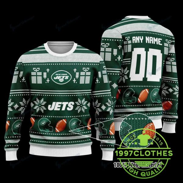 New York Jets Custom Name Number Ugly Christmas Sweater, New York Jets Ugly Sweater, NFL Ugly Sweater