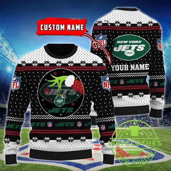 New York Jets Grinch Woolen Custom Name Ugly Sweater, New York Jets Ugly Sweater, NFL Ugly Sweater