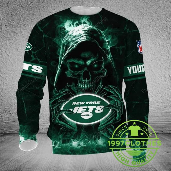 New York Jets Skull Personalized Ugly Christmas Sweater, New York Jets Ugly Sweater, NFL Ugly Sweater