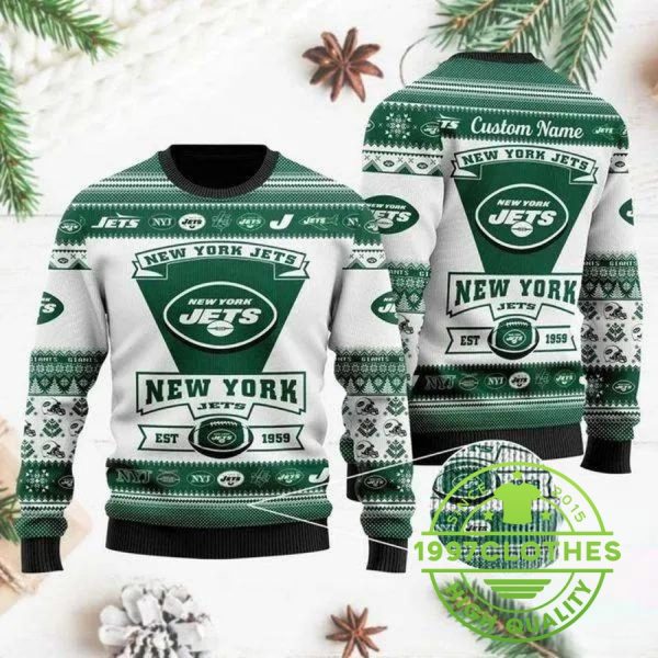 New York Jets Team Logo Custom Name Personalized Ugly Christmas Sweater, New York Jets Ugly Sweater, NFL Ugly Sweater