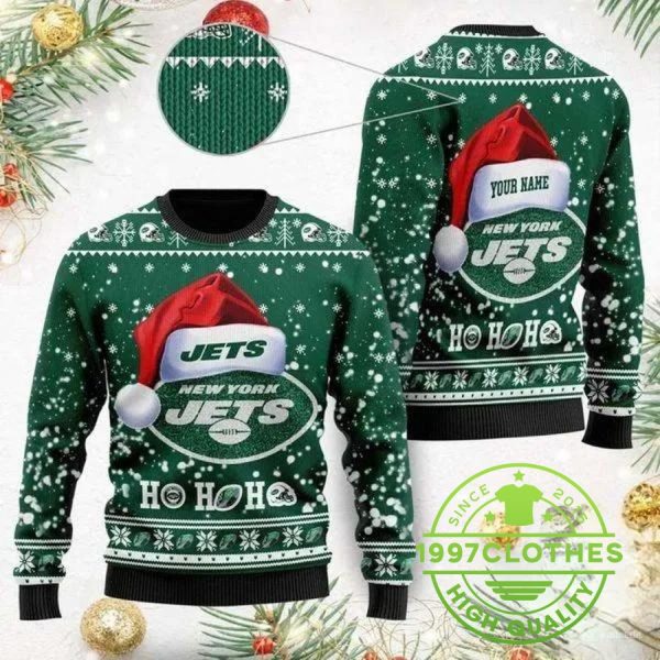 New York Jets Wearing Santa Claus Hat Ho Ho Ho Custom Personalized Ugly Christmas Sweater, New York Jets Ugly Sweater, NFL Ugly Sweater