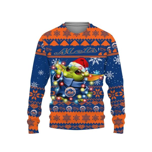 New York Mets Baby Yoda Star Wars Ugly Christmas Sweater, New York Mets Ugly Sweater, MLB Christmas Sweater