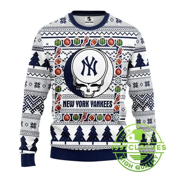 New York Yankees Grateful Dead Ugly Christmas Sweater, New York Yankees Ugly Sweater, MLB Christmas Sweater