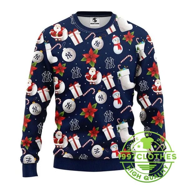 New York Yankees Santa Claus Snowman Ugly Christmas Sweater, New York Yankees Ugly Sweater, MLB Christmas Sweater