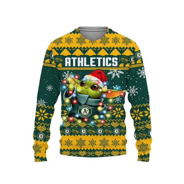 Oakland Athletics Baby Yoda Star Wars Ugly Christmas Sweater, Oakland Athletics Ugly Sweater, MLB Christmas Sweater