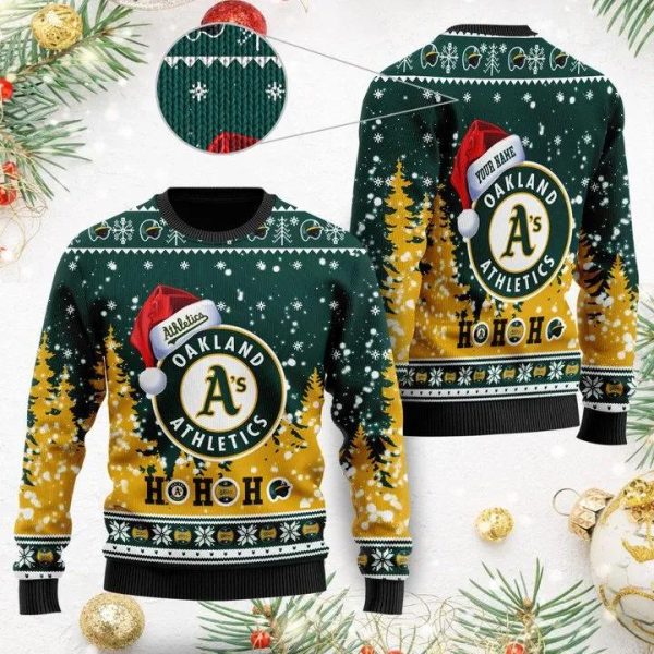 Oakland Athletics Santa Claus Hat Ho Ho Ho Custom Ugly Christmas Sweater, Oakland Athletics Ugly Sweater, MLB Christmas Sweater