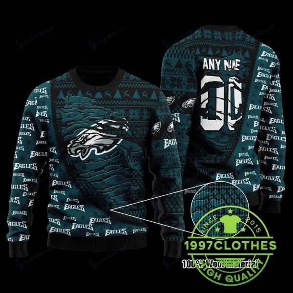 Philadelphia Eagles Custom Name Number Ugly Christmas Sweater, Philadelphia Eagles Ugly Sweater, NFL Ugly Sweater